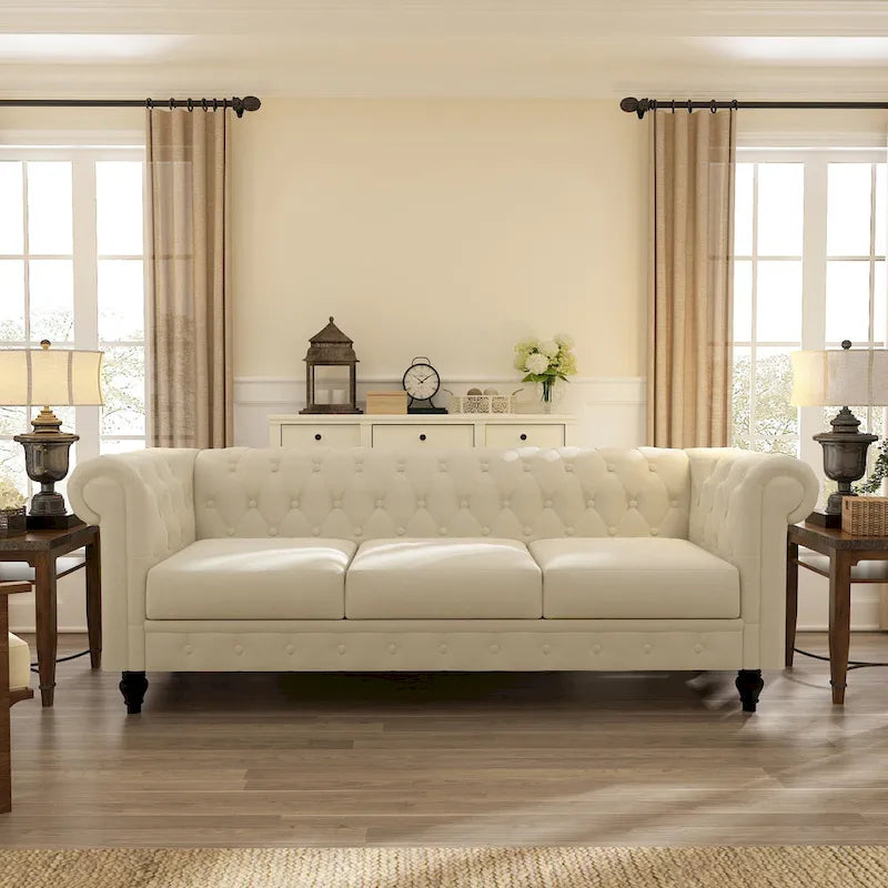 Canapé beige élégant - Velours 3 places avec boutons touffetés et pieds en bois