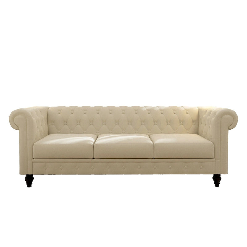 Canapé beige élégant - Velours 3 places avec boutons touffetés et pieds en bois