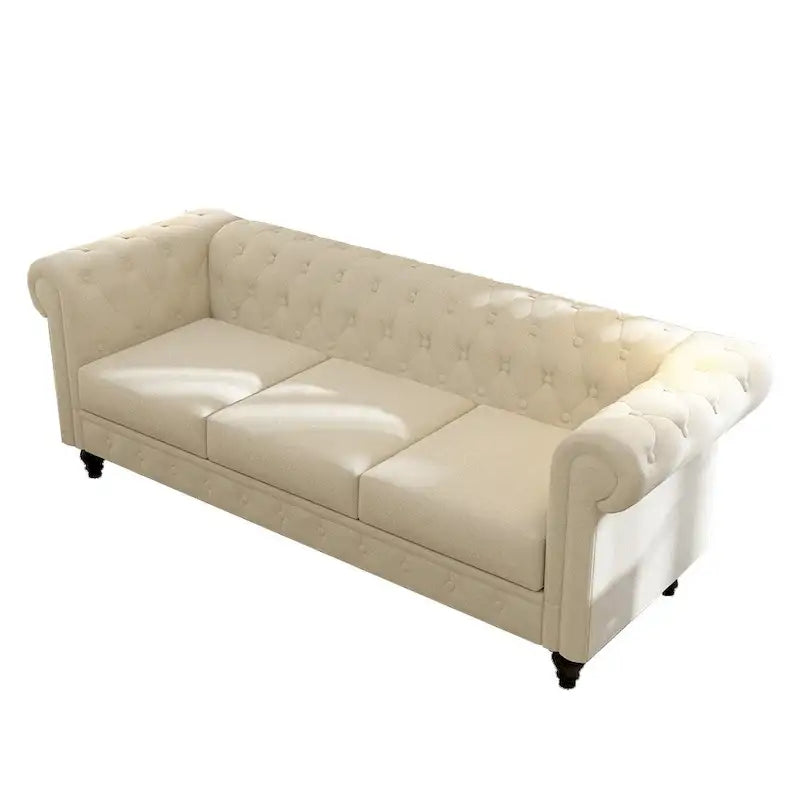 Canapé beige élégant - Velours 3 places avec boutons touffetés et pieds en bois