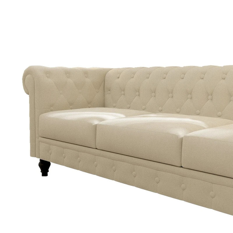 Canapé beige élégant - Velours 3 places avec boutons touffetés et pieds en bois