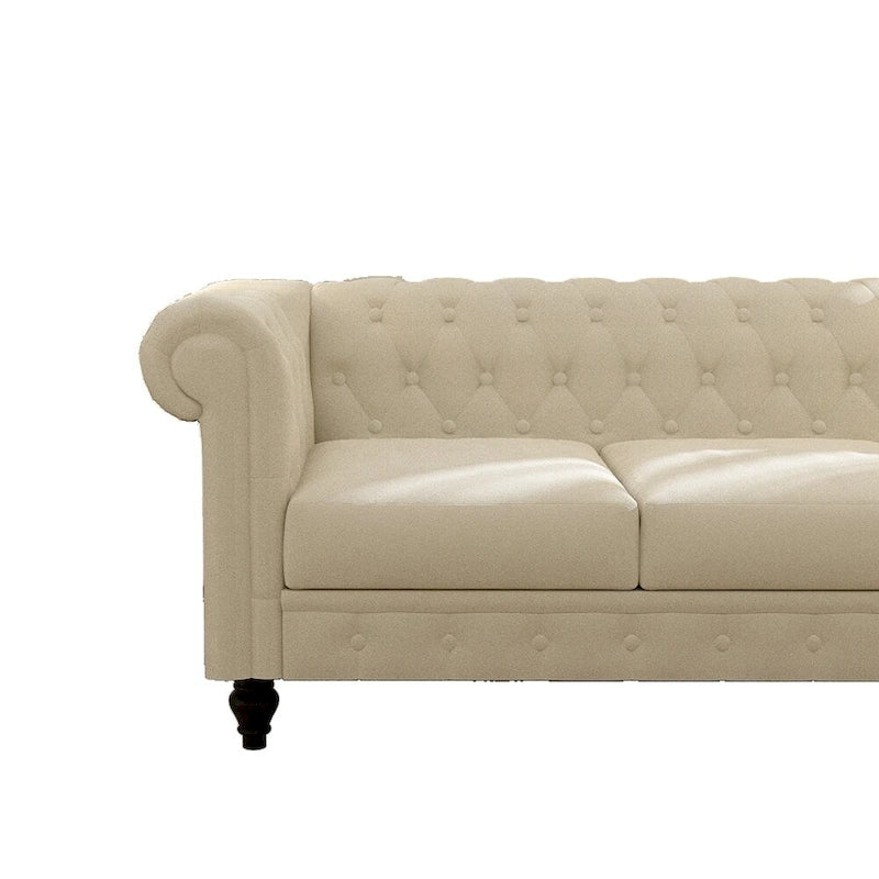Canapé beige élégant - Velours 3 places avec boutons touffetés et pieds en bois