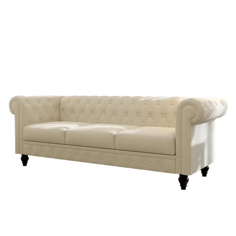 Canapé beige élégant - Velours 3 places avec boutons touffetés et pieds en bois