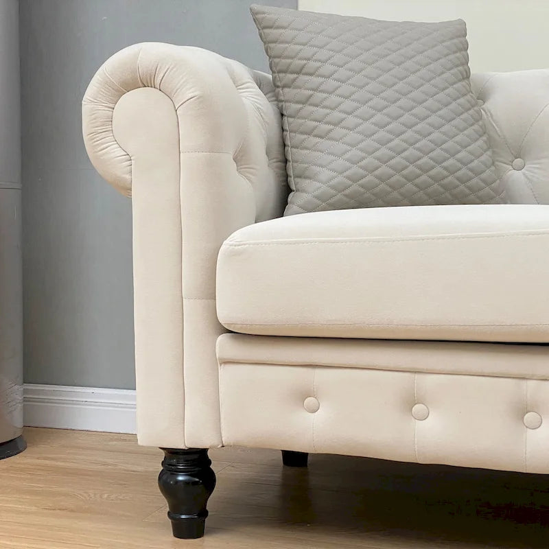 Canapé beige élégant - Velours 3 places avec boutons touffetés et pieds en bois