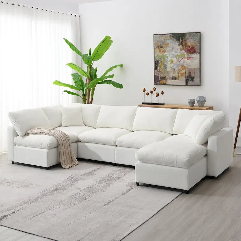 Canapé-lit modulaire moderne 6 places nuage en tissu chenille avec pouf