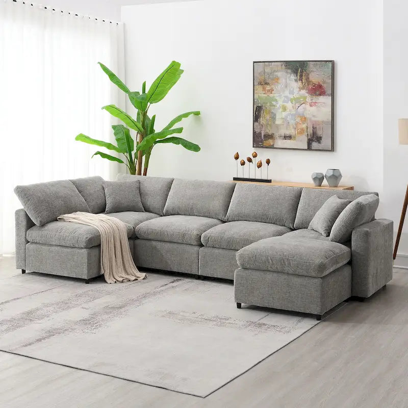 Canapé-lit modulaire moderne 6 places nuage en tissu chenille avec pouf