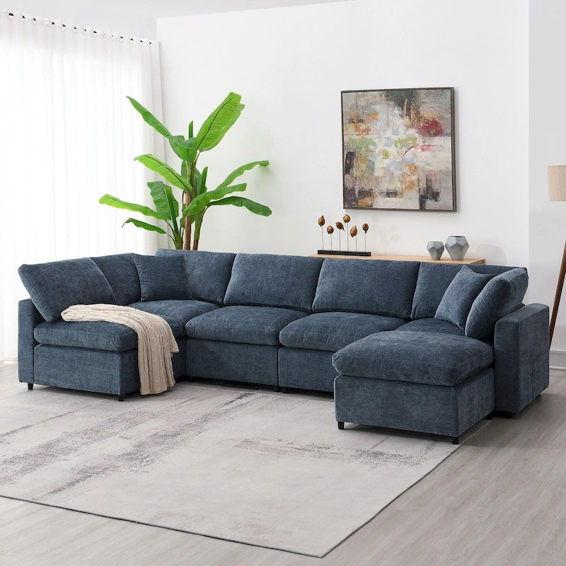 Canapé-lit modulaire moderne 6 places nuage en tissu chenille avec pouf