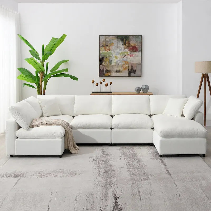 Canapé-lit modulaire moderne 6 places nuage en tissu chenille avec pouf
