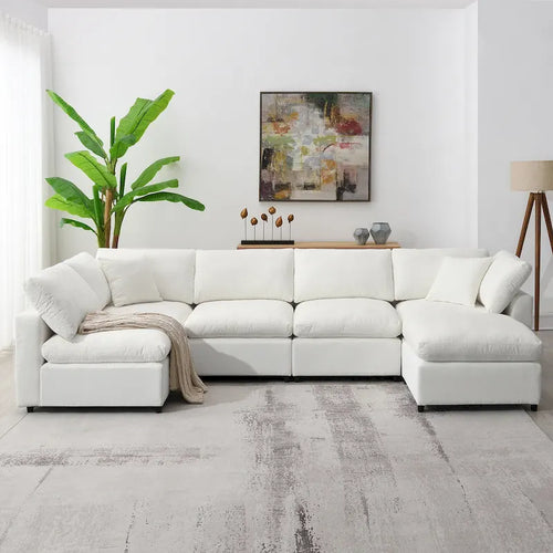 Canapé-lit modulaire moderne 6 places nuage en tissu chenille avec pouf