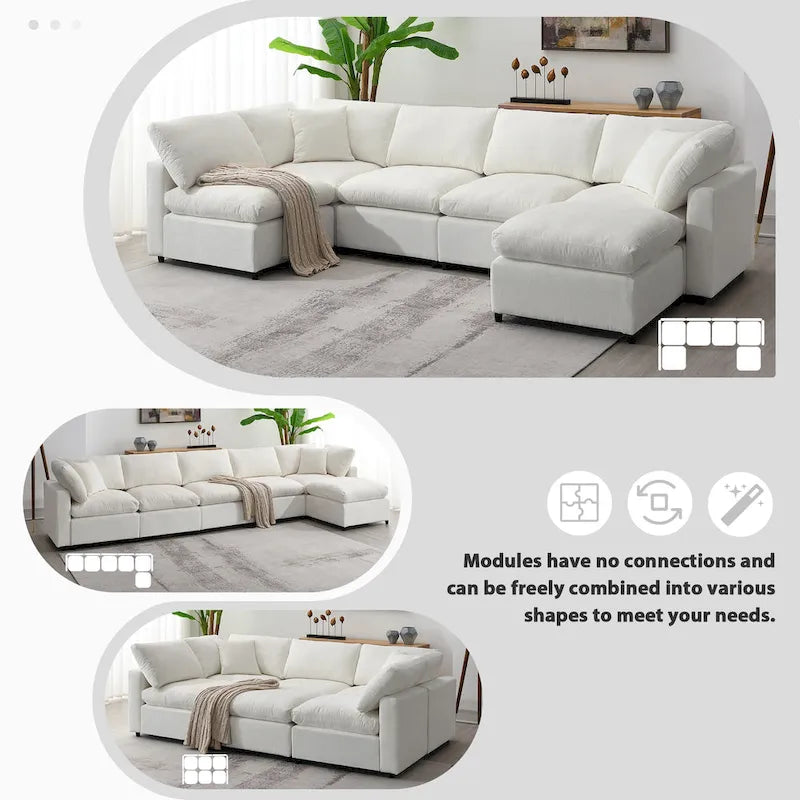 Canapé-lit modulaire moderne 6 places nuage en tissu chenille avec pouf