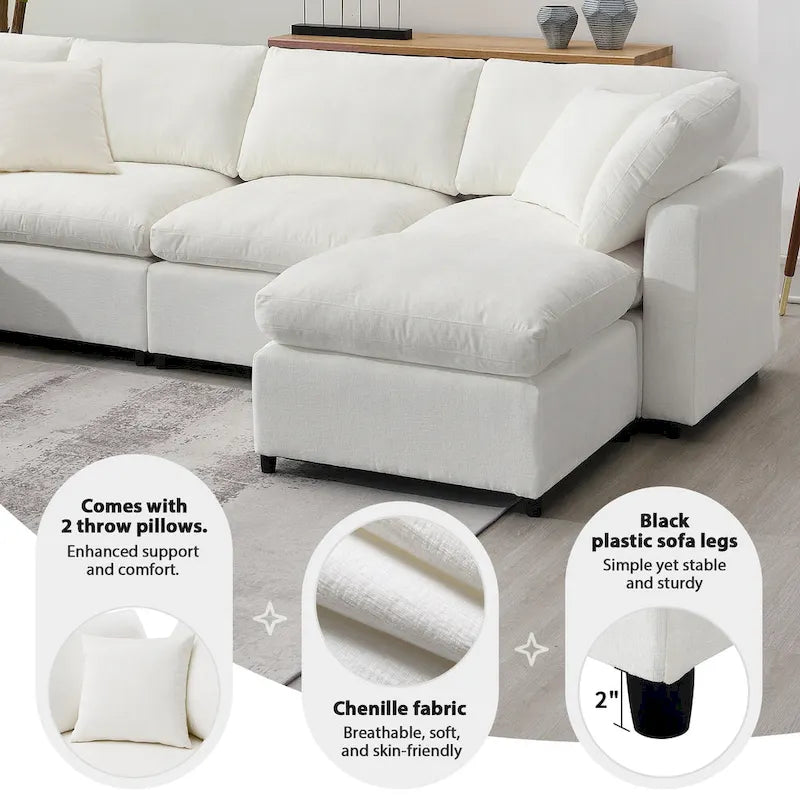 Canapé-lit modulaire moderne 6 places nuage en tissu chenille avec pouf