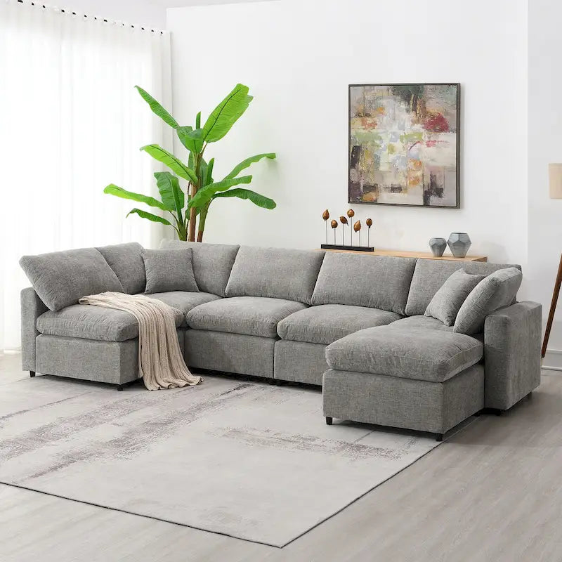 Canapé-lit modulaire moderne 6 places nuage en tissu chenille avec pouf
