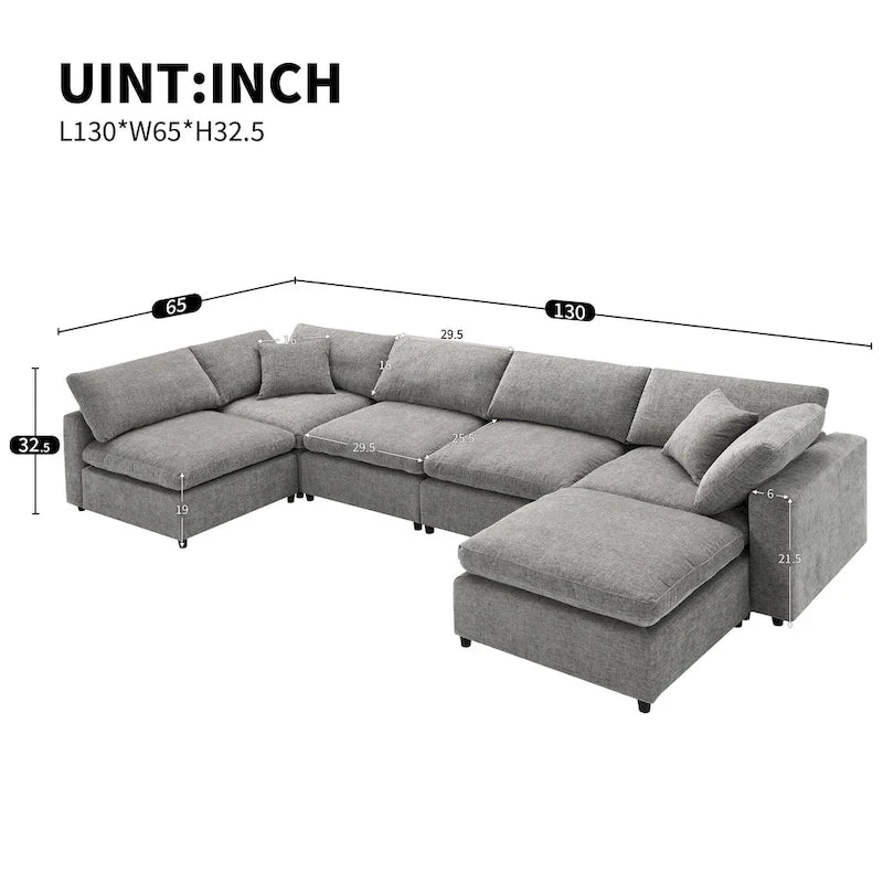 Canapé-lit modulaire moderne 6 places nuage en tissu chenille avec pouf
