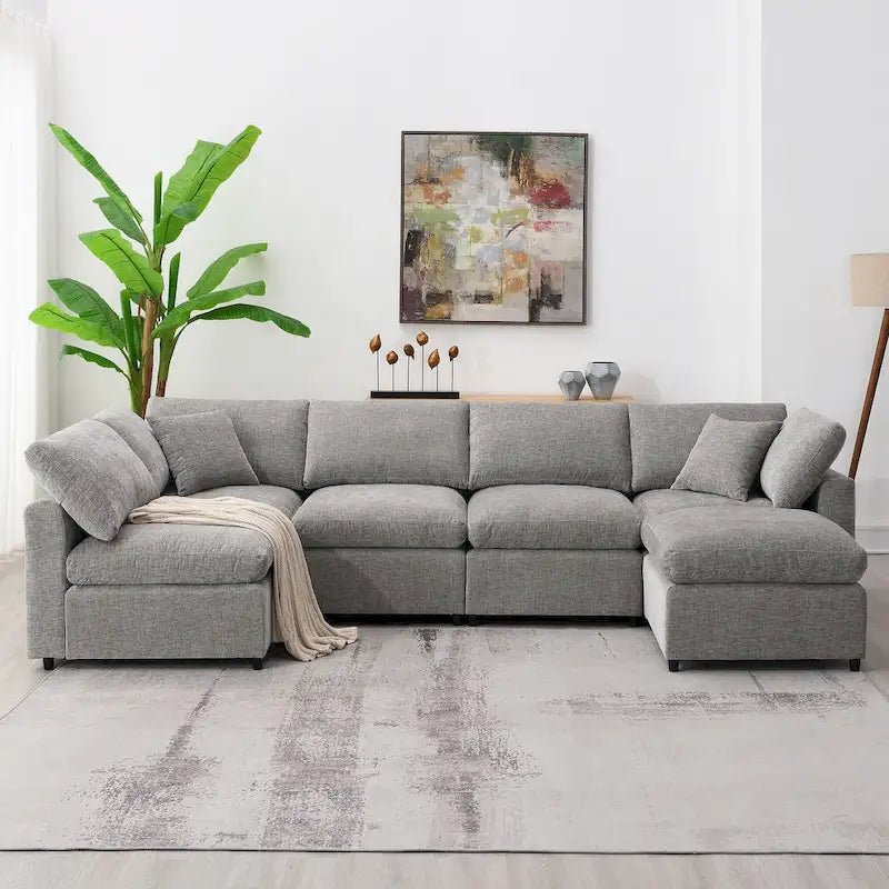 Canapé-lit modulaire moderne 6 places nuage en tissu chenille avec pouf