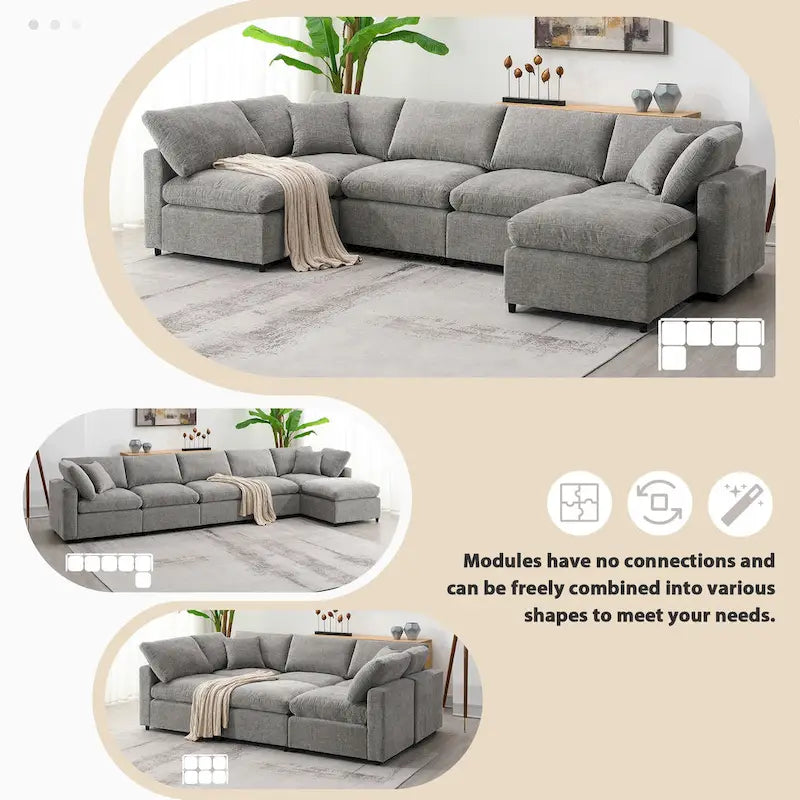 Canapé-lit modulaire moderne 6 places nuage en tissu chenille avec pouf