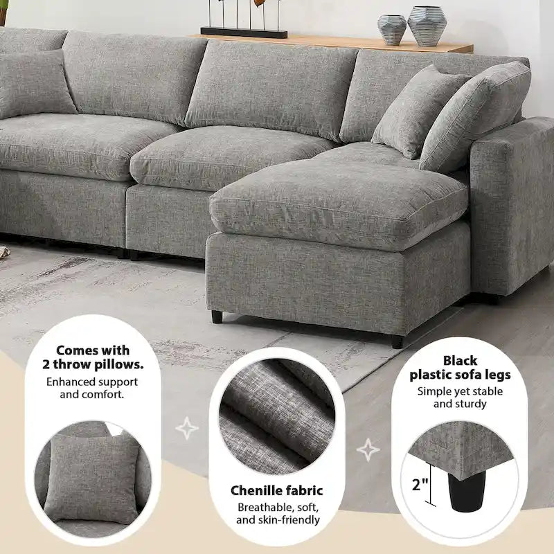 Canapé-lit modulaire moderne 6 places nuage en tissu chenille avec pouf