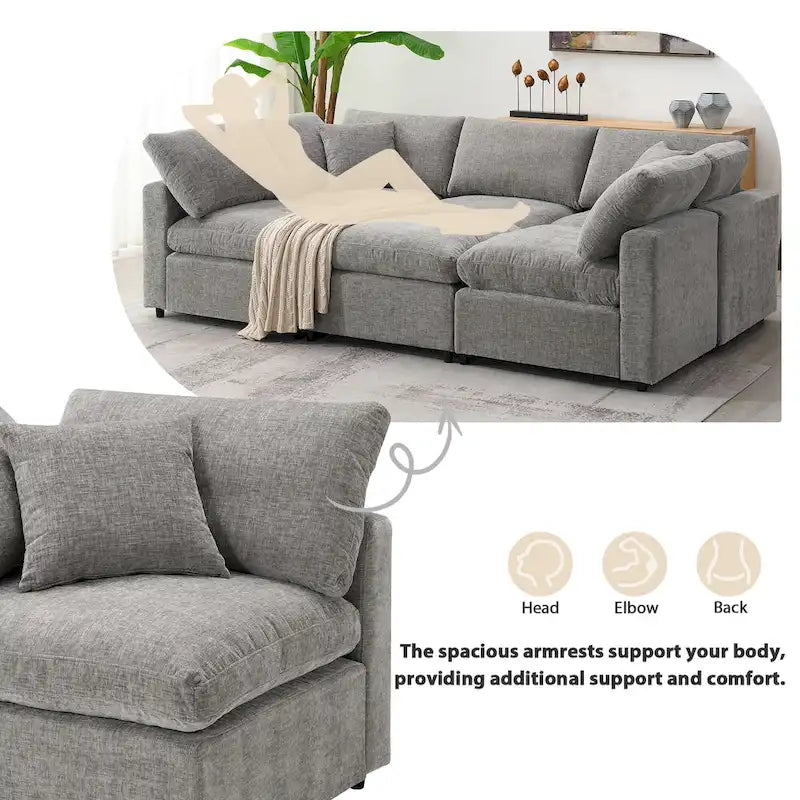 Canapé-lit modulaire moderne 6 places nuage en tissu chenille avec pouf