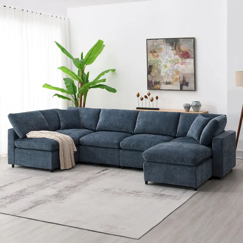 Canapé-lit modulaire moderne 6 places nuage en tissu chenille avec pouf