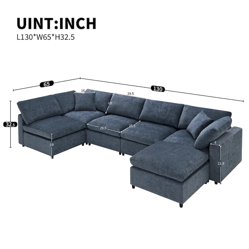 Canapé-lit modulaire moderne 6 places nuage en tissu chenille avec pouf
