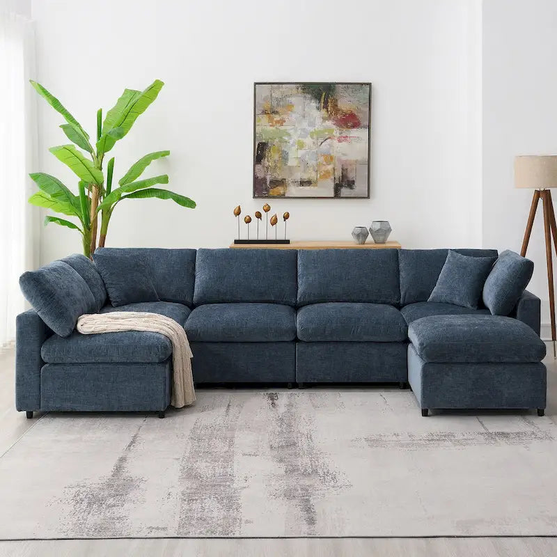 Canapé-lit modulaire moderne 6 places nuage en tissu chenille avec pouf