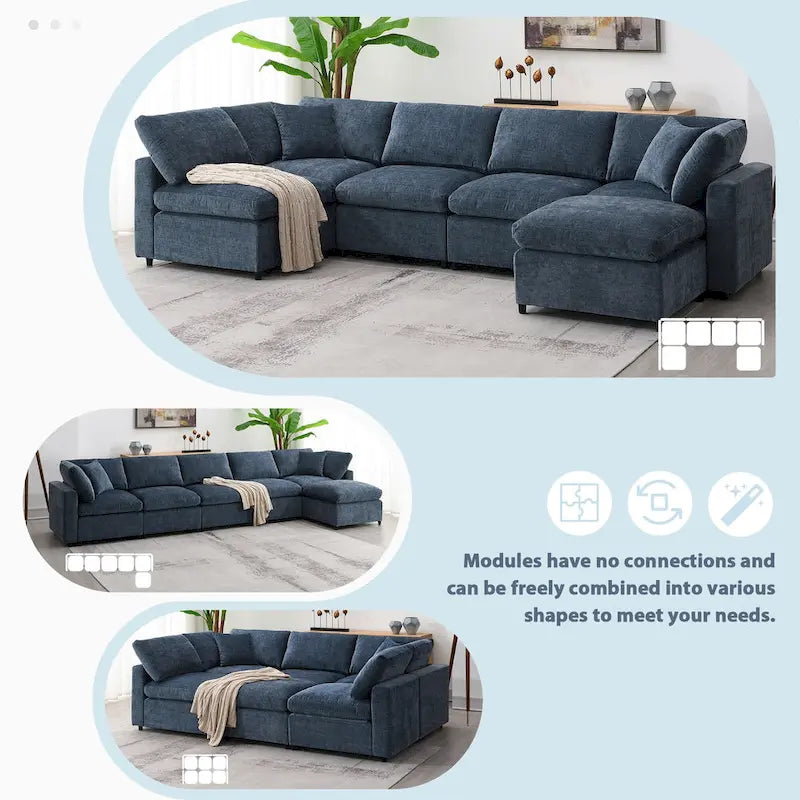 Canapé-lit modulaire moderne 6 places nuage en tissu chenille avec pouf