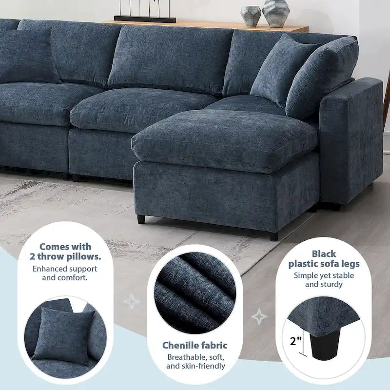Canapé-lit modulaire moderne 6 places nuage en tissu chenille avec pouf
