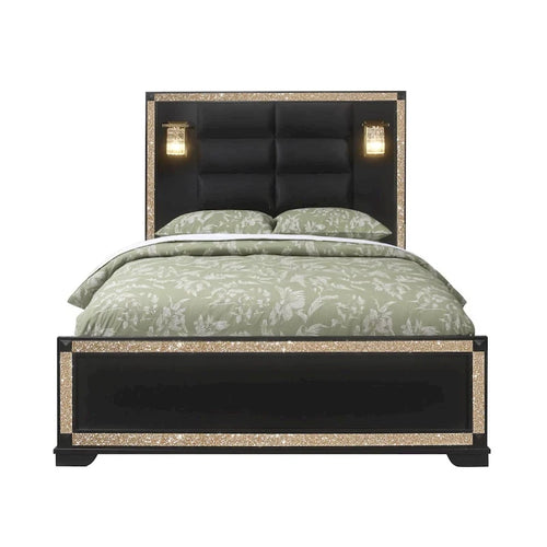 Cadre de lit queen lumineux en bois et tissu, aspect cristal noir