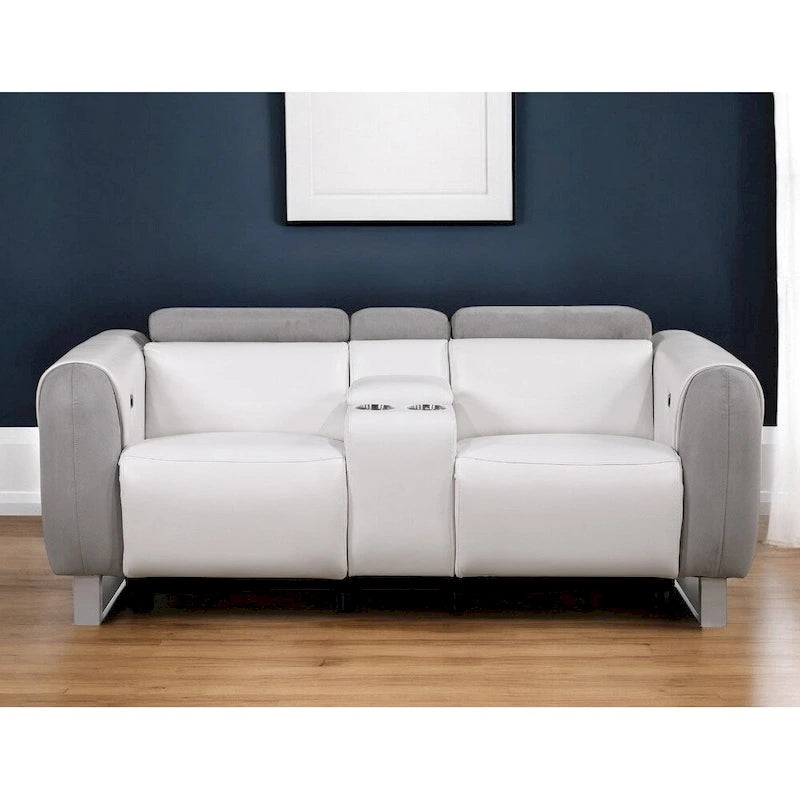 Causeuse inclinable électrique en similicuir et microfibre gris, blanc et argenté avec rangement – 76,5' X 31,25' X 40