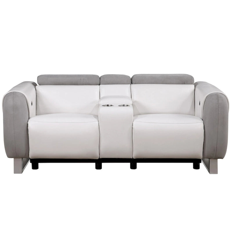 Causeuse inclinable électrique en similicuir et microfibre gris, blanc et argenté avec rangement – 76,5' X 31,25' X 40
