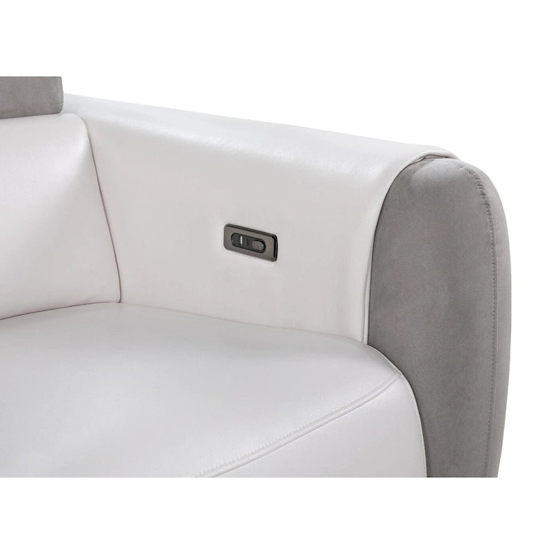 Causeuse inclinable électrique en similicuir et microfibre gris, blanc et argenté avec rangement – 76,5' X 31,25' X 40