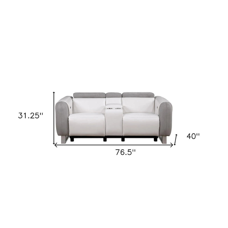 Causeuse inclinable électrique en similicuir et microfibre gris, blanc et argenté avec rangement – 76,5' X 31,25' X 40