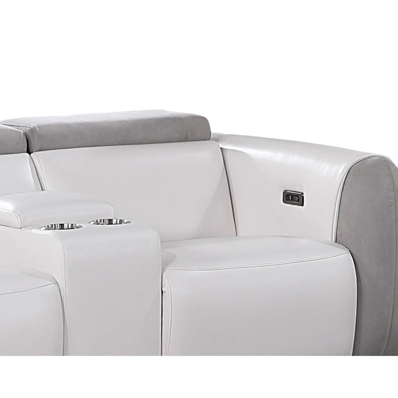Causeuse inclinable électrique en similicuir et microfibre gris, blanc et argenté avec rangement – 76,5' X 31,25' X 40