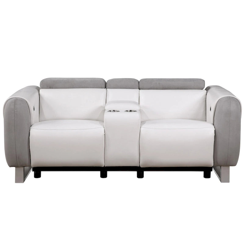 Causeuse inclinable électrique en similicuir et microfibre gris, blanc et argenté avec rangement – 76,5' X 31,25' X 40