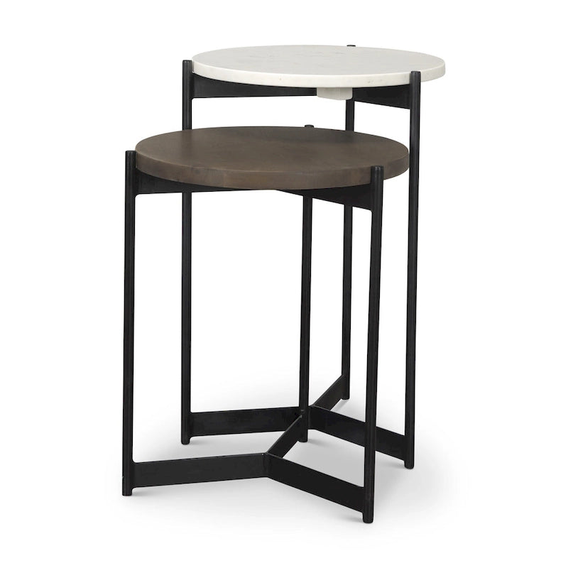 Tables basses gigognes rondes en marbre marron, blanc et noir, bois massif et métal - 16 po x 24 po x 16 po