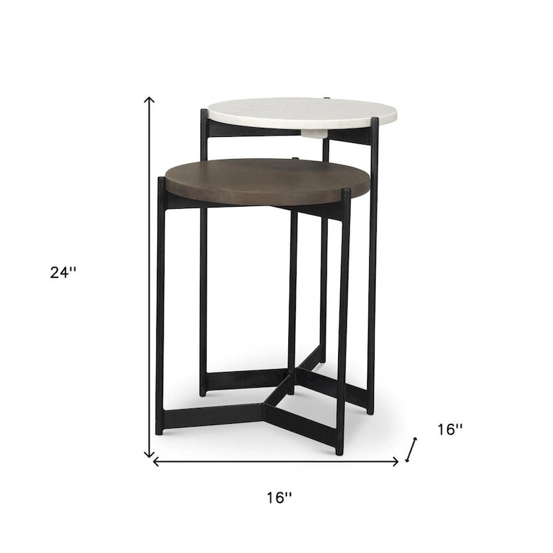 Tables basses gigognes rondes en marbre marron, blanc et noir, bois massif et métal - 16 po x 24 po x 16 po