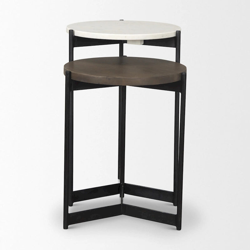 Tables basses gigognes rondes en marbre marron, blanc et noir, bois massif et métal - 16 po x 24 po x 16 po
