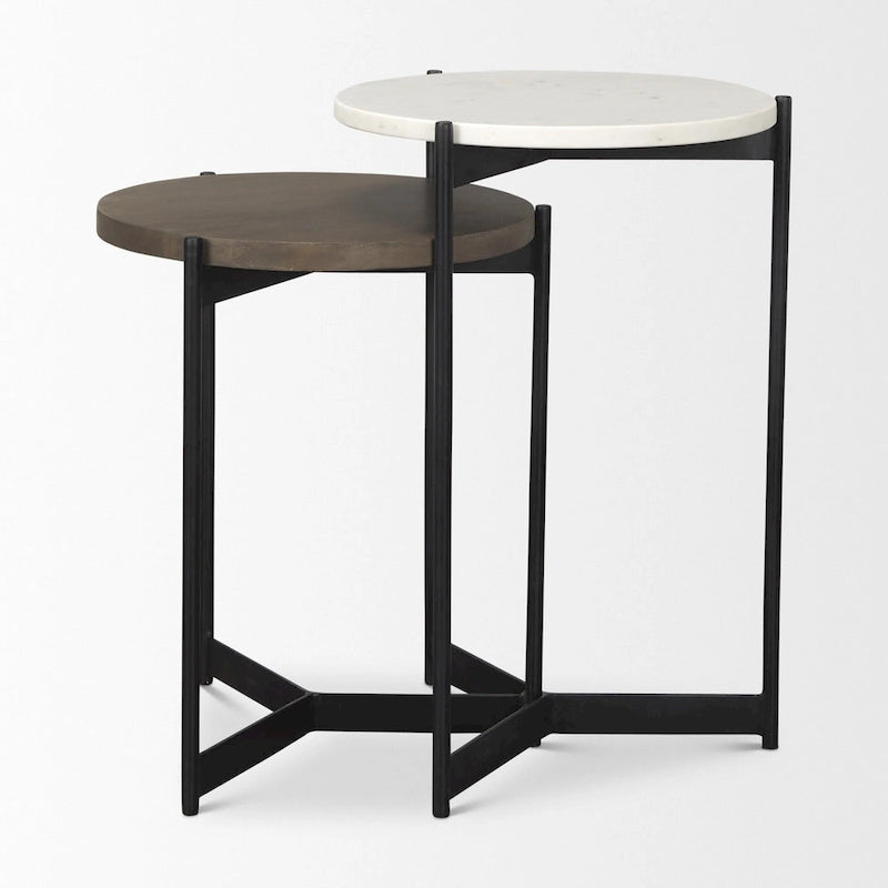 Tables basses gigognes rondes en marbre marron, blanc et noir, bois massif et métal - 16 po x 24 po x 16 po