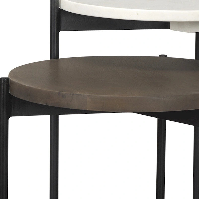 Tables basses gigognes rondes en marbre marron, blanc et noir, bois massif et métal - 16 po x 24 po x 16 po