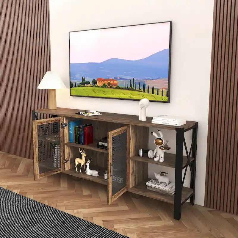 Meuble TV de style industriel/ferme avec 4 étagères et 2 armoires de rangement pour salons et cuisines