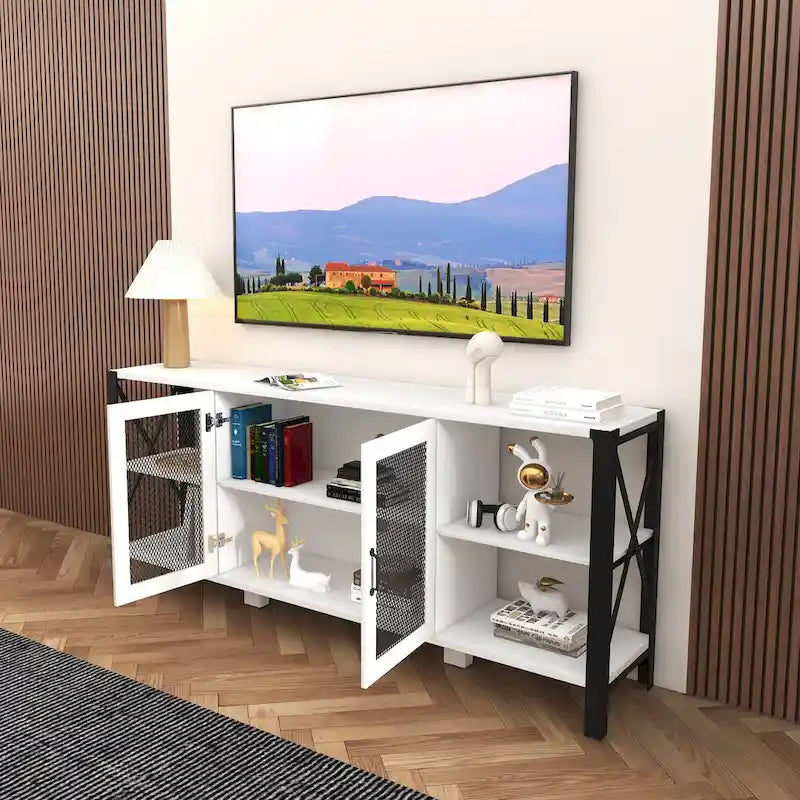 Meuble TV de style industriel/ferme avec 4 étagères et 2 armoires de rangement pour salons et cuisines