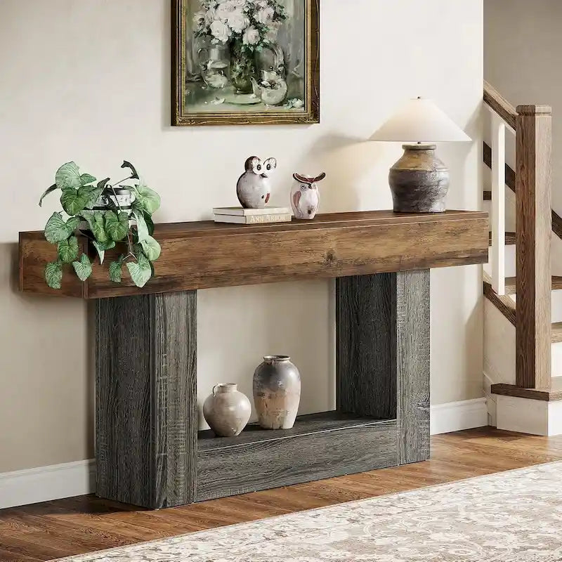 Table d'entrée de style ferme à 2 niveaux, Table console de 160 cm, Table basse étroite derrière canapé