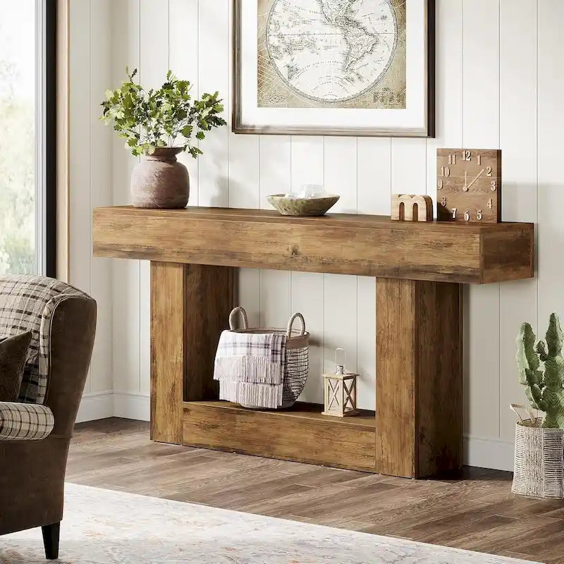 Table d'entrée de style ferme à 2 niveaux, Table console de 160 cm, Table basse étroite derrière canapé