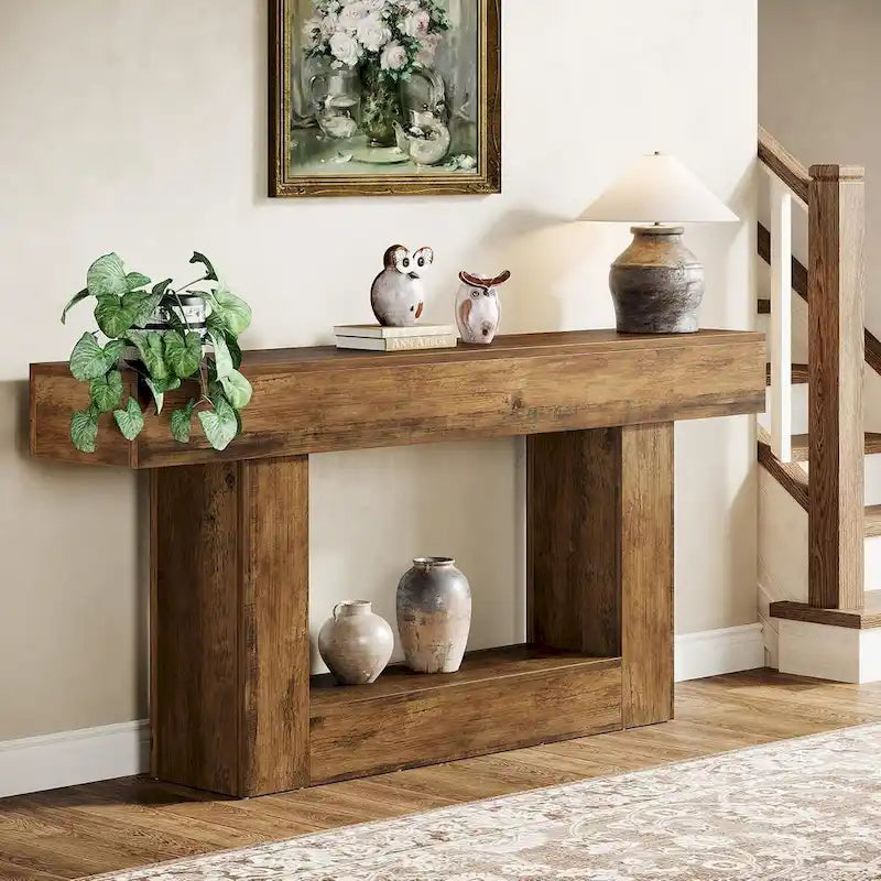 Table d'entrée de style ferme à 2 niveaux, Table console de 160 cm, Table basse étroite derrière canapé