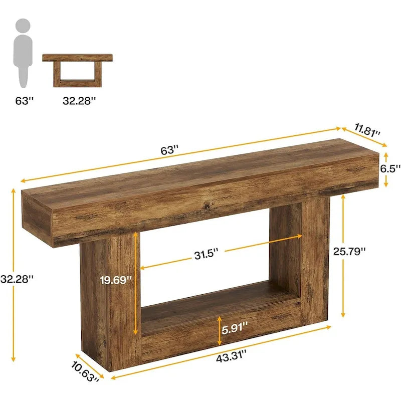 Table d'entrée de style ferme à 2 niveaux, Table console de 160 cm, Table basse étroite derrière canapé