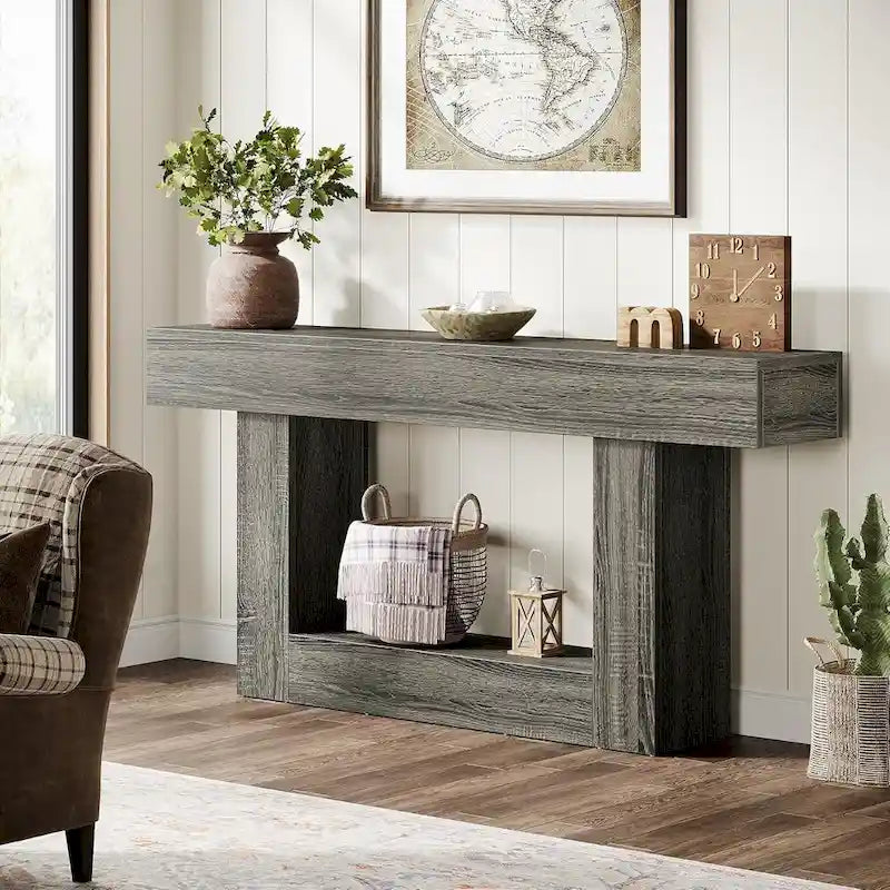 Table d'entrée de style ferme à 2 niveaux, Table console de 160 cm, Table basse étroite derrière canapé