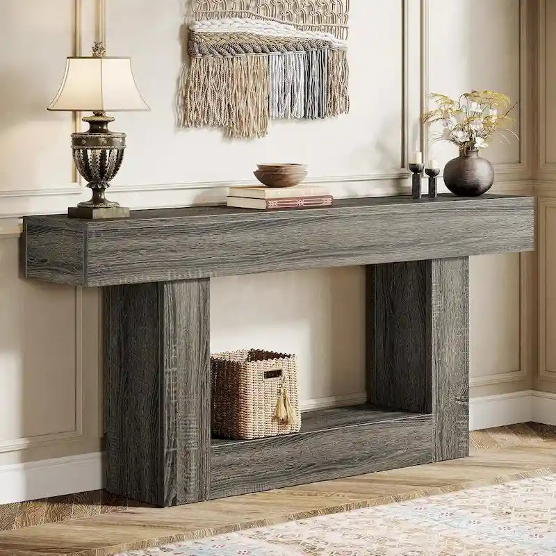 Table d'entrée de style ferme à 2 niveaux, Table console de 160 cm, Table basse étroite derrière canapé