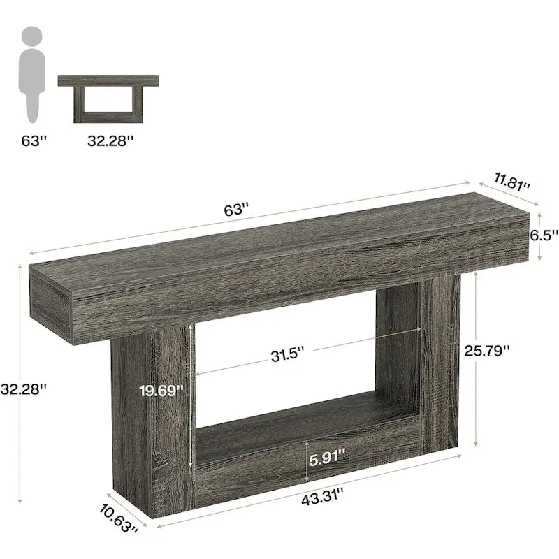 Table d'entrée de style ferme à 2 niveaux, Table console de 160 cm, Table basse étroite derrière canapé