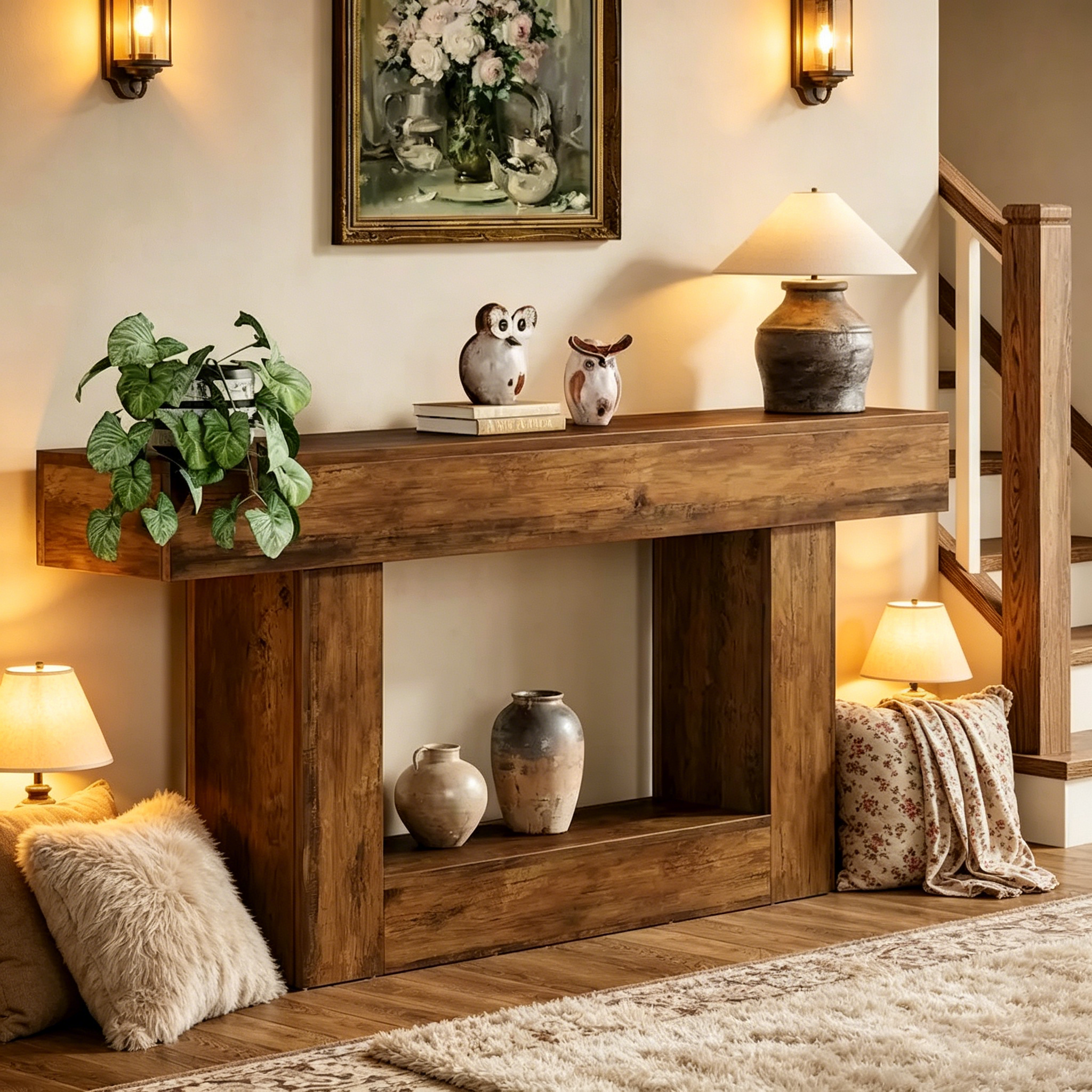 Table d'entrée de style ferme à 2 niveaux, Table console de 160 cm, Table basse étroite derrière canapé
