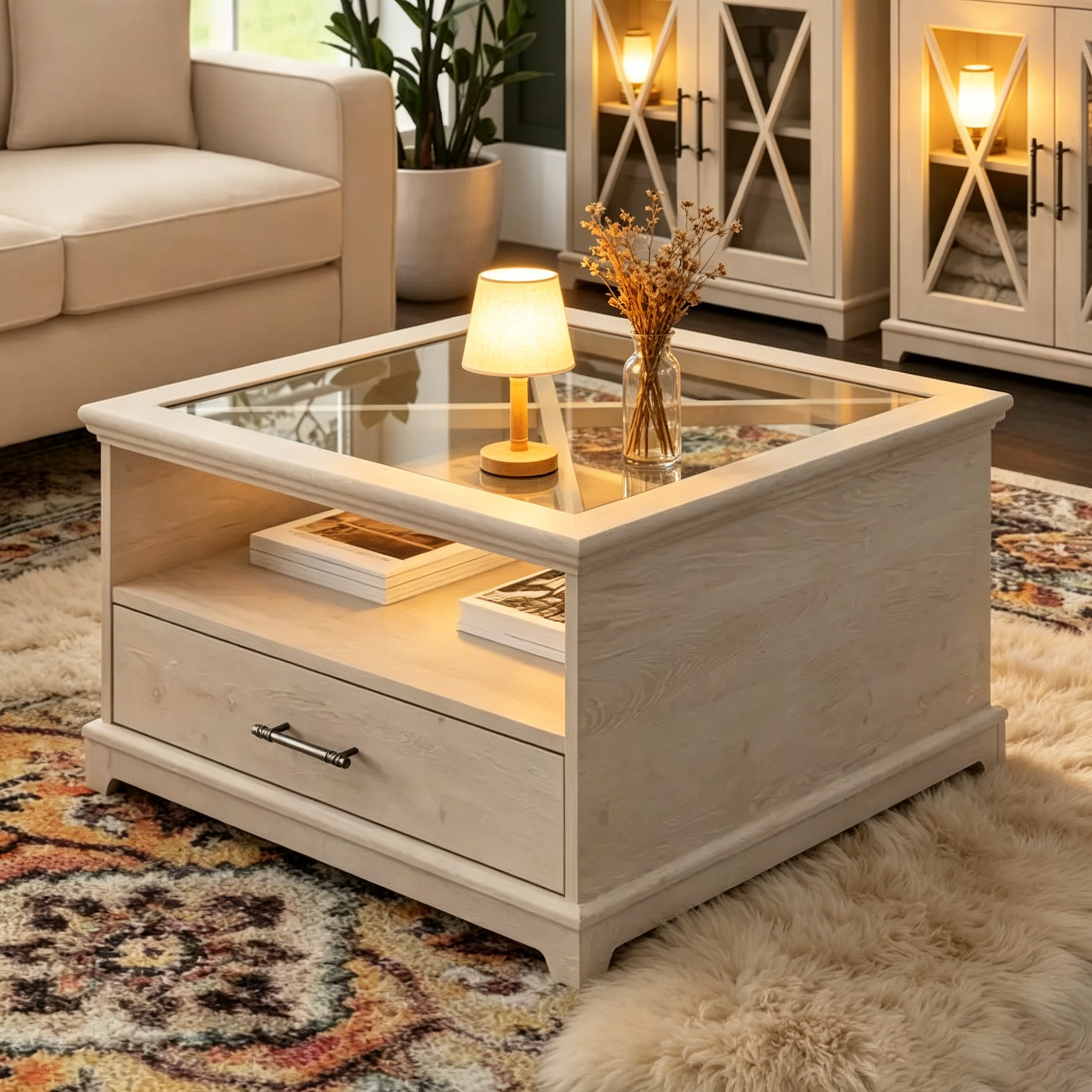 Table basse de ferme en verre avec rangement