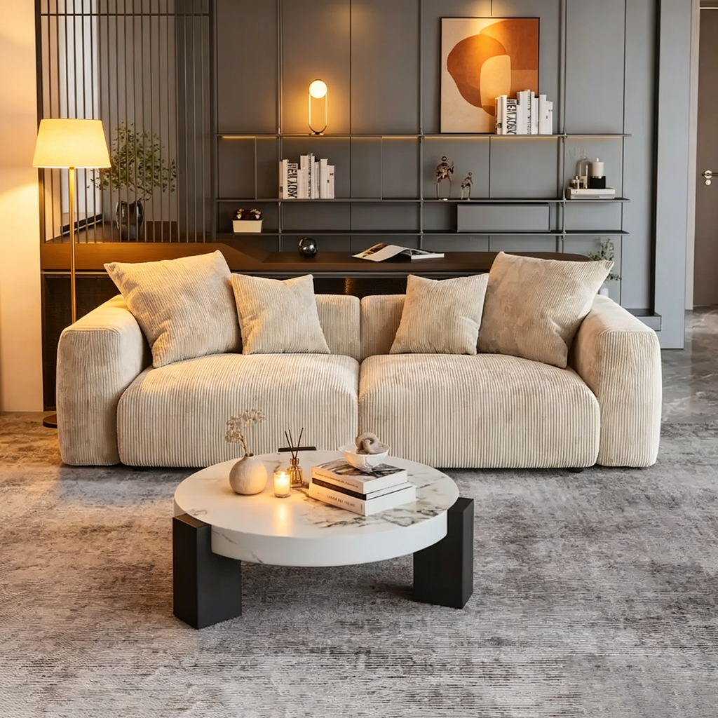 Canapé confortable en velours côtelé et assise profonde