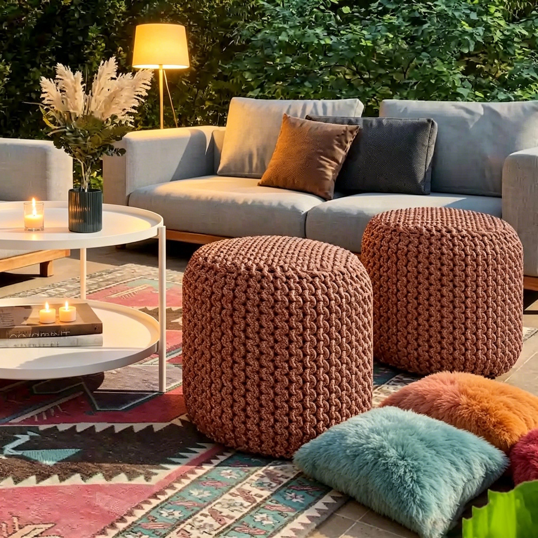 Pouf rond tricoté en polyester PET recyclé orange